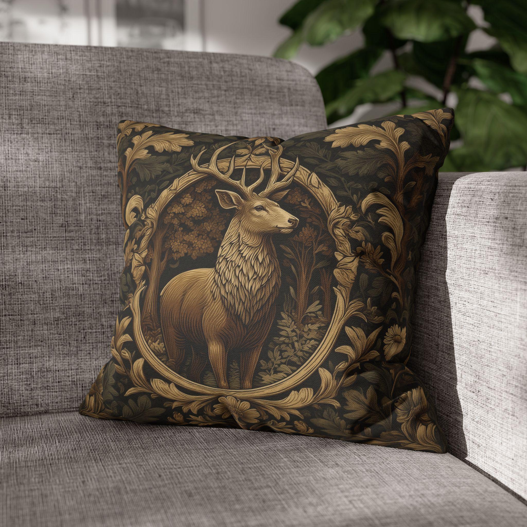 William Morris Inspired Noble Stag Pillow Cover: Botanical Woodland Design