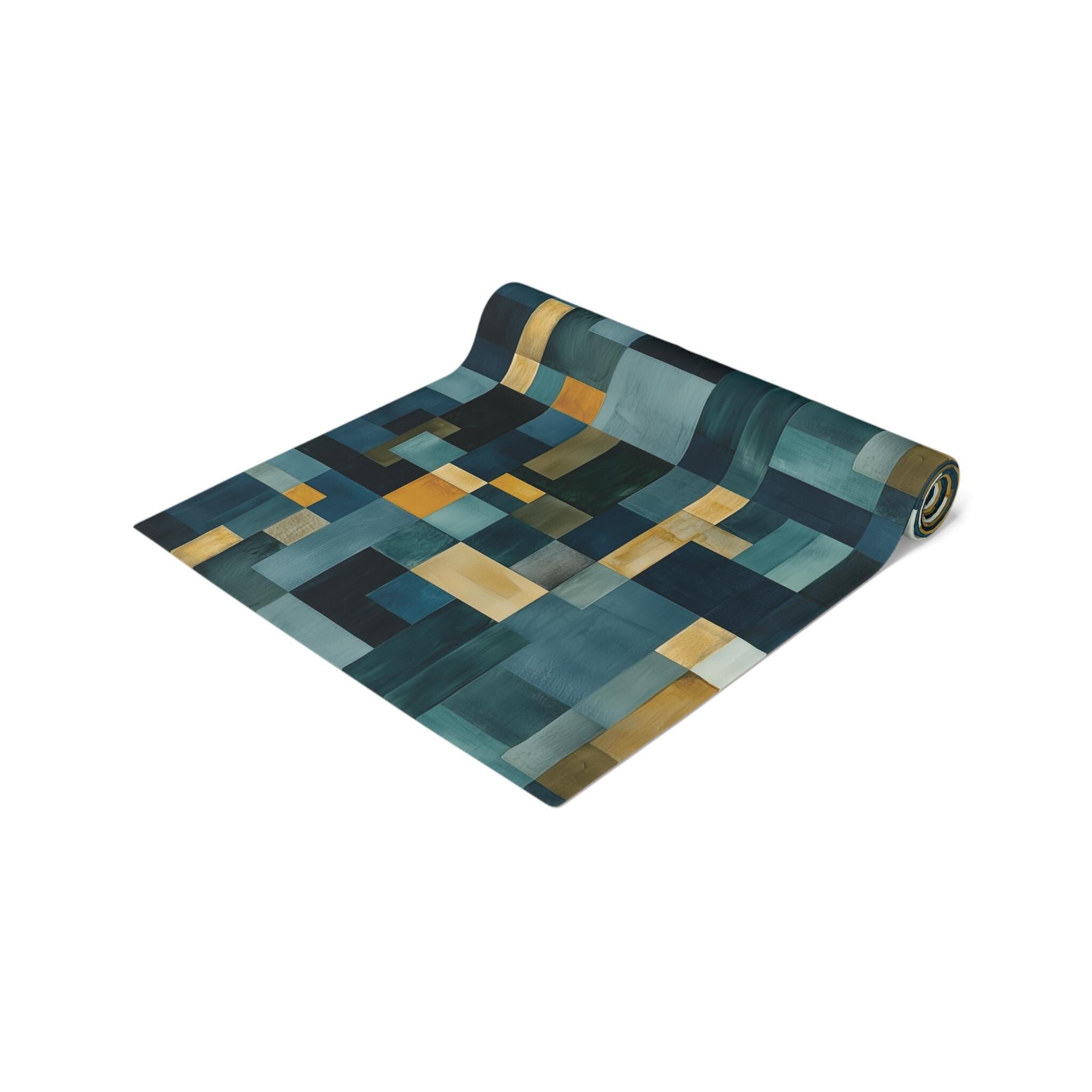 Geometric Abstract Table Runner: Blue and Earth Tones, Modern Rustic Decor, Hand-painted Effect