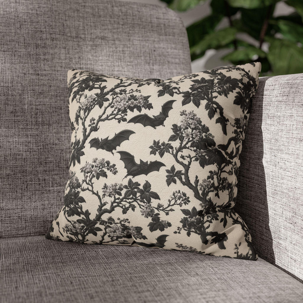 Chinoiserie Five Bats Pillow Cover: Black and Cream Halloween Floral