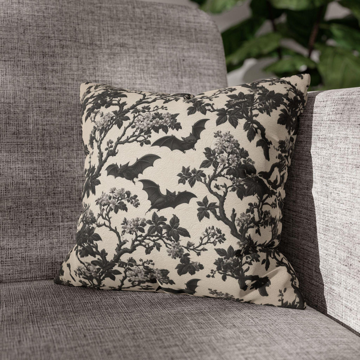 Chinoiserie Five Bats Pillow Cover: Black and Cream Halloween Floral