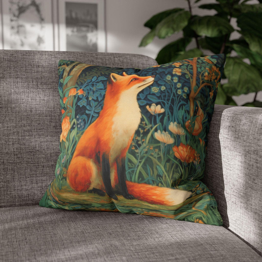 Morris-Inspired Red Fox Botanical Pillow Cover: Vintage Style Moody Woodland Blooms