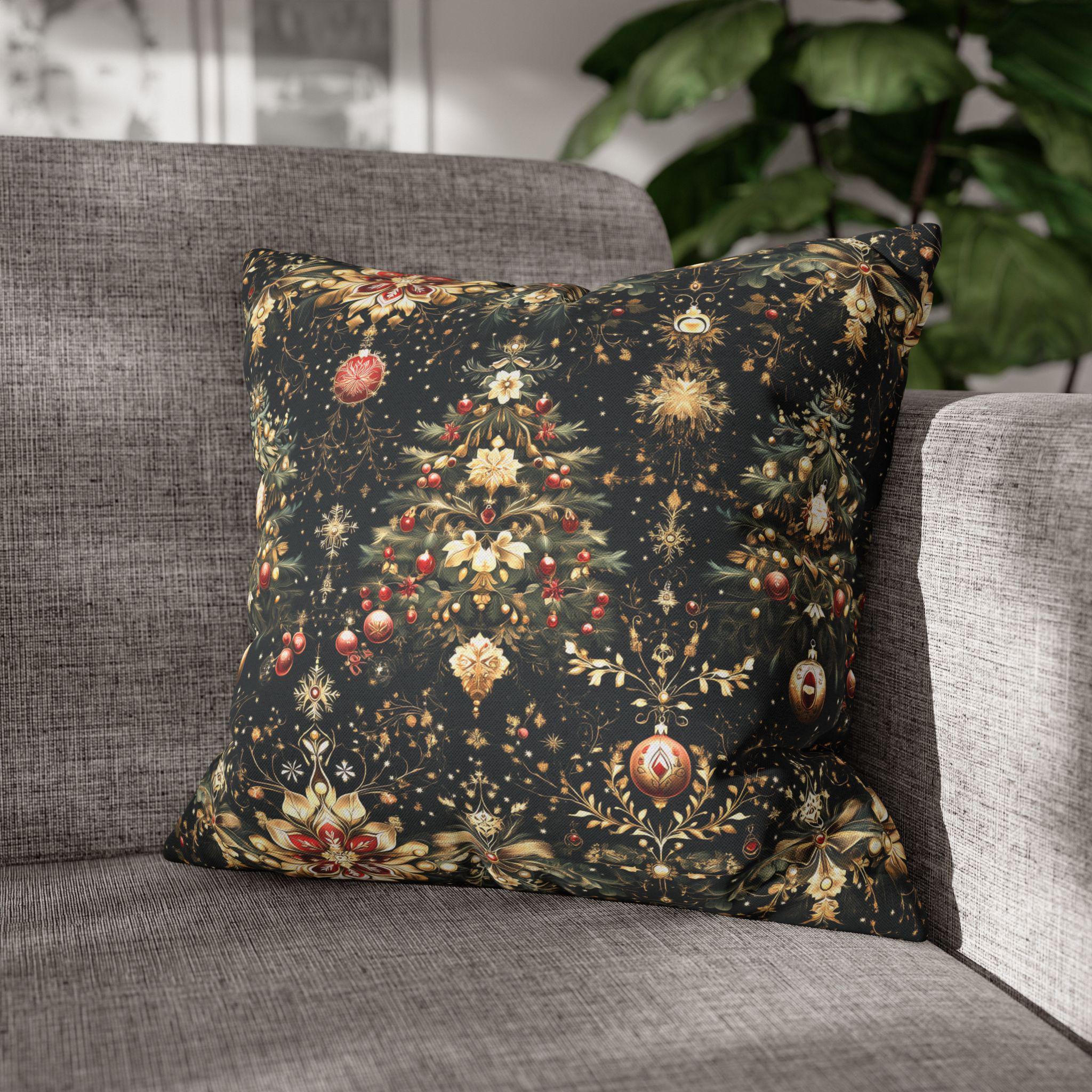 Christmas Tree Pillow Cover: Luxe Gold Red & Green on Deep Charcoal Holiday Decor