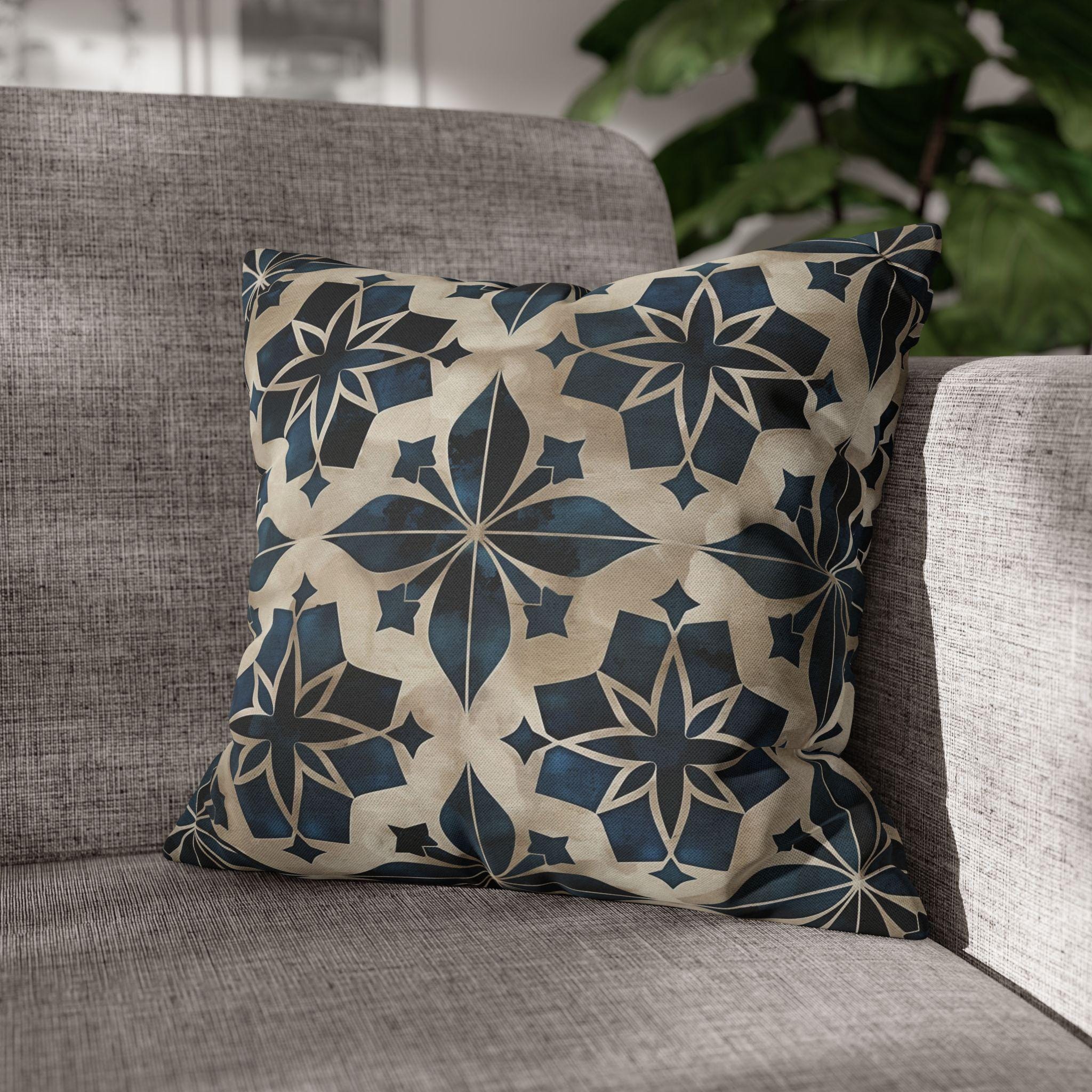 Moroccan Tile Pattern Square Pillowcase, Navy Blue Beige Geometric Design Decorative Cushion Cover