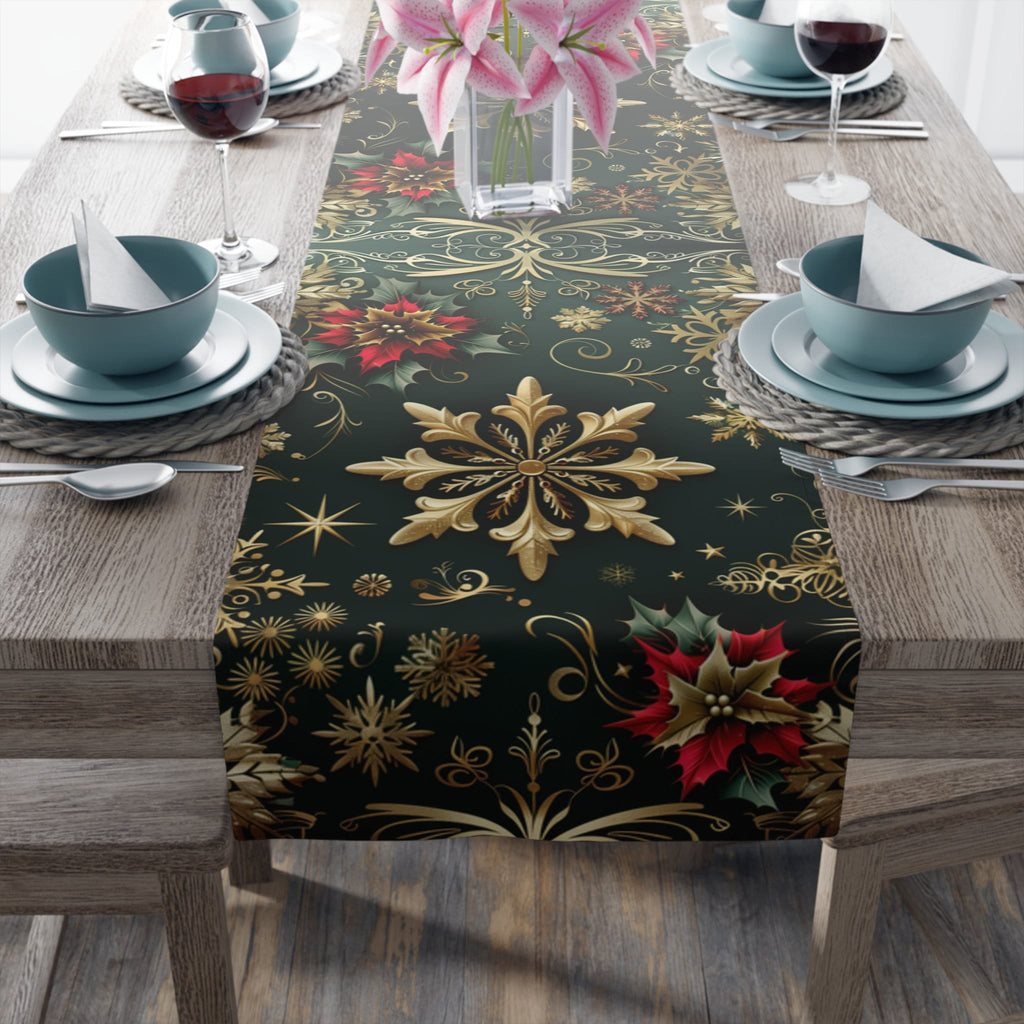Poinsettia Christmas Table Runner: Emerald, Gold Snowflakes, Holiday Dining