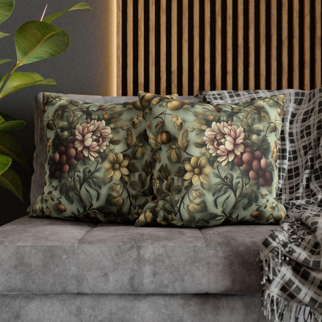 William Morris Inspired Autumn Floral Pillow Cover: Celadon, Fig Purple, Gold Heirloom Design