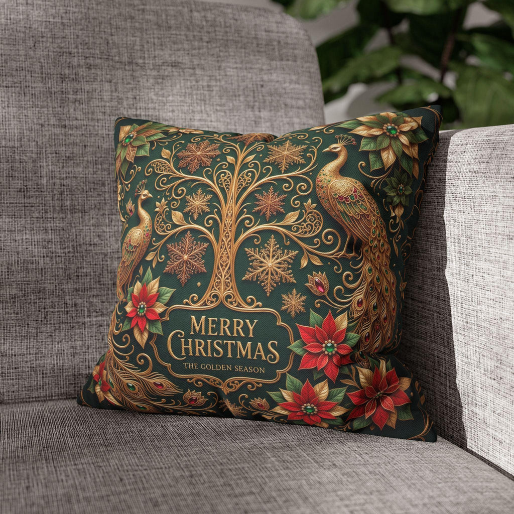 Emerald Green Peacock Christmas Pillow Cover: Gold Poinsettia, Maximalist Holiday