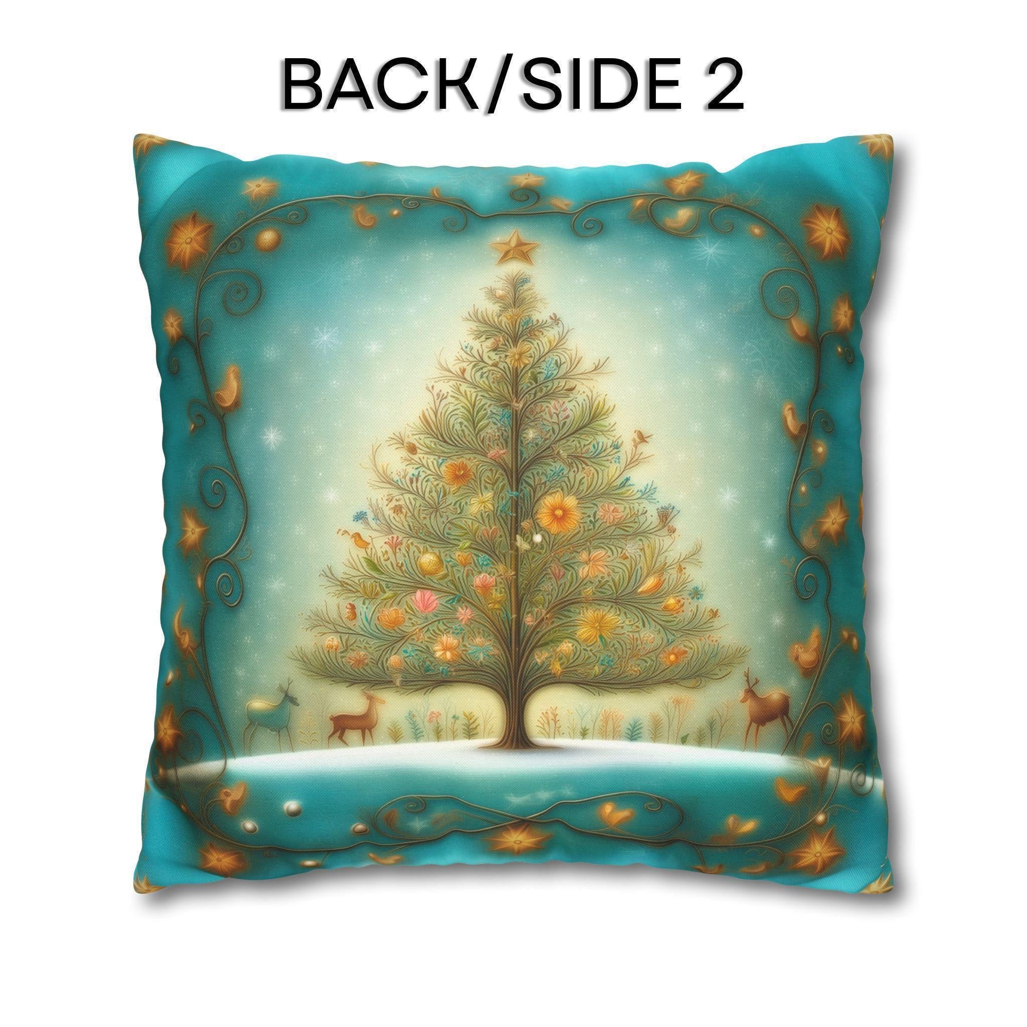Vintage Style Teal Blue Christmas Tree Pillow Cover: Floral Winter Scene with Gold Accents