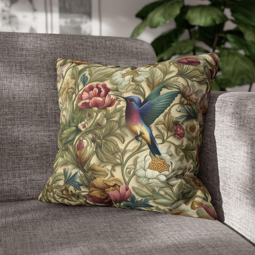 William Morris Inspired Botanical Pillow Cover: Vintage Style Hummingbird & Blooms