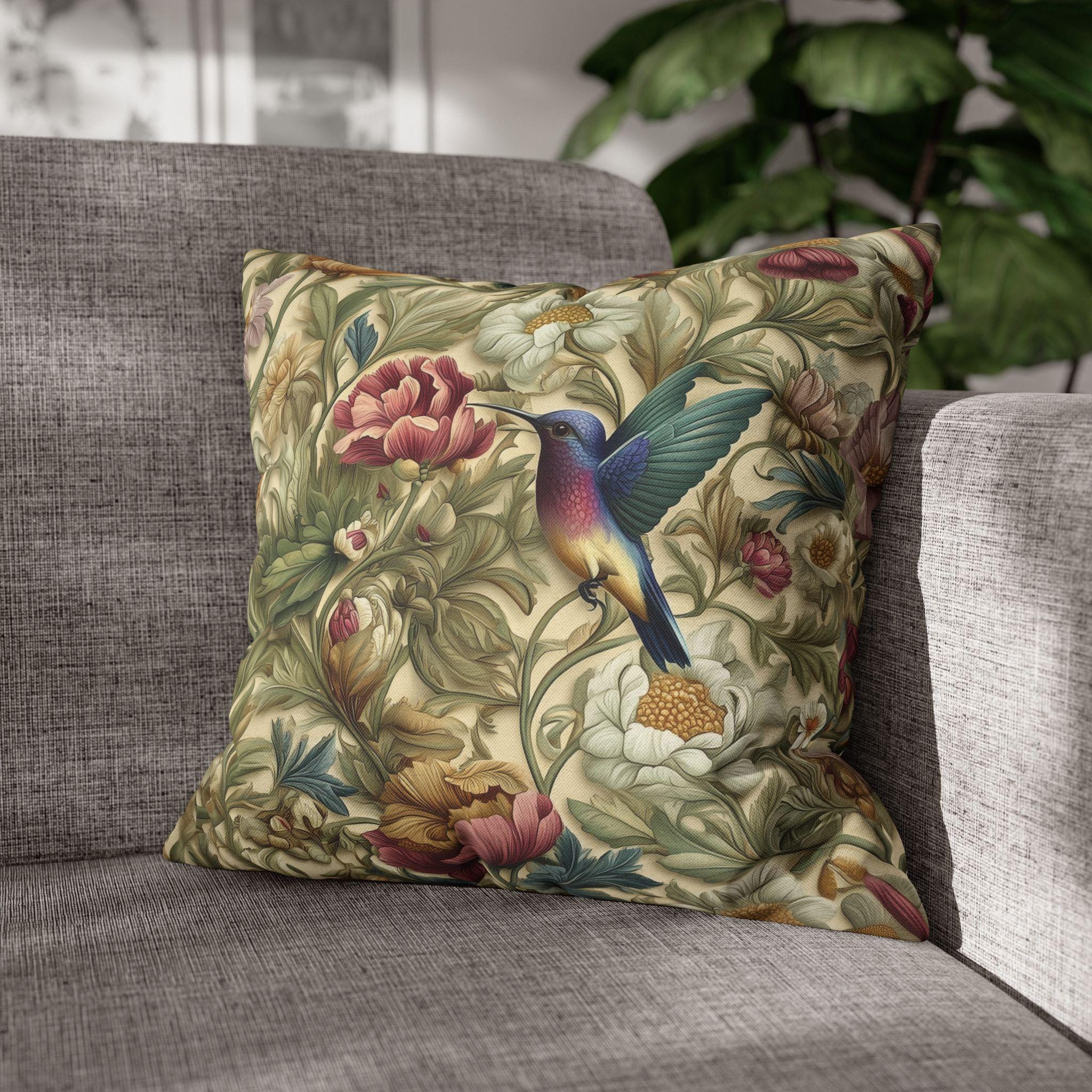 William Morris Inspired Botanical Pillow Cover: Vintage Style Hummingbird & Blooms