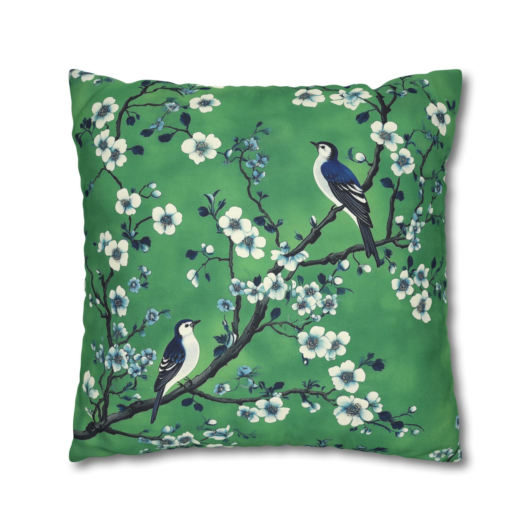 Chinoiserie Bird Floral Pillow Cover: Elegant Green & Blue Botanical Cushion Case for Vintage Decor