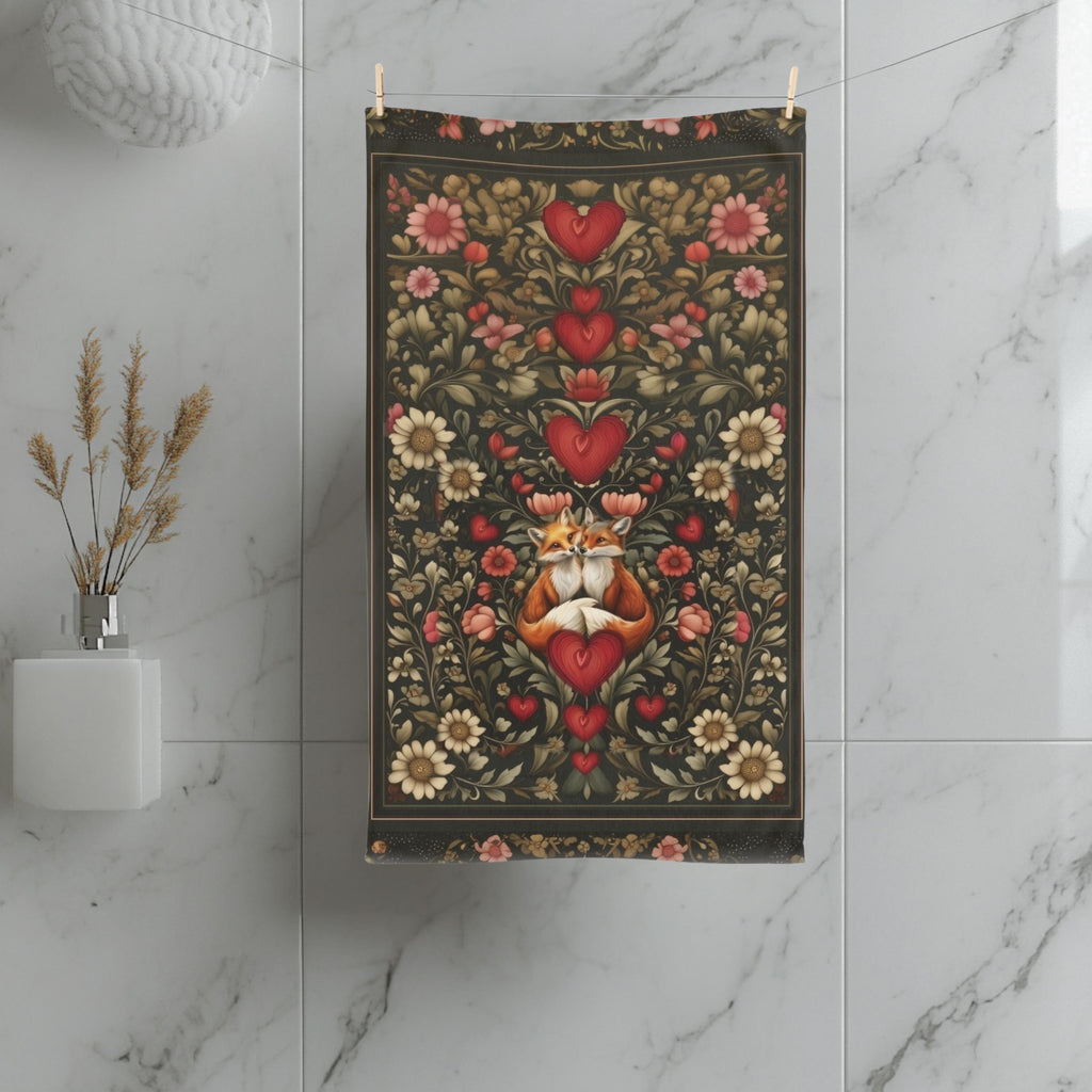 William Morris Inspired Fox Love Hand Towel: Romantic Woodland Kitchen or Bath Decor