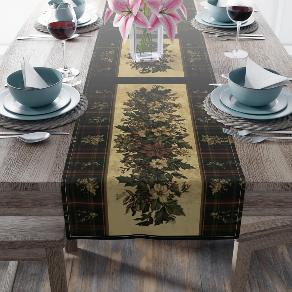 Plaid Botanical Stripes Christmas Table Runner: Vintage Style with Poinsettias and Holly