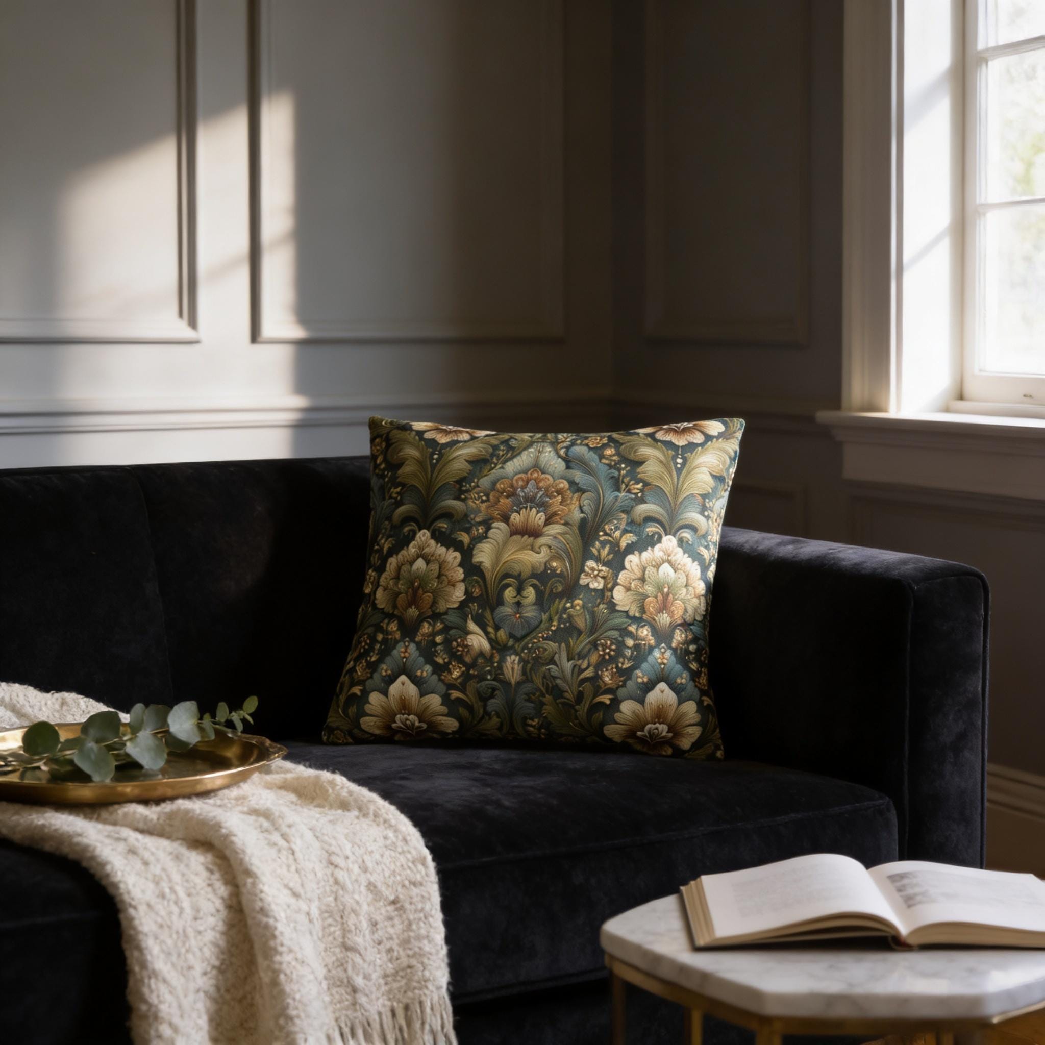 Botanical Damask Throw Pillow Cover: Moody Sage, Teal and Cream Floral