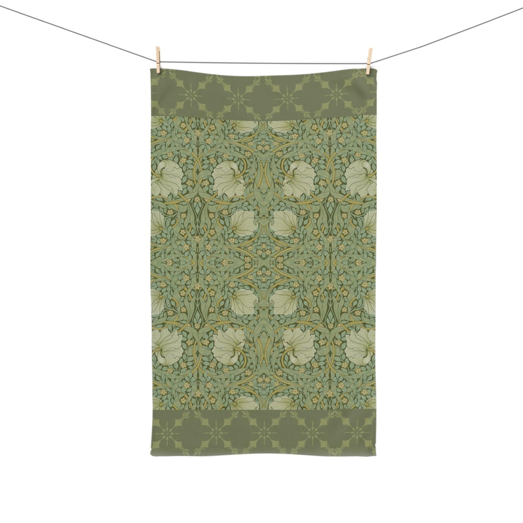 William Morris Pimpernel Hand Towel: Vintage Inspired Botanical Green Art Nouveau
