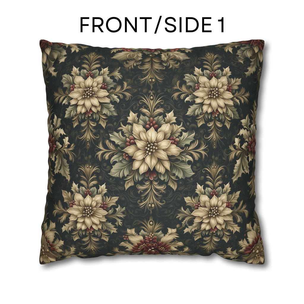 William Morris Christmas Pillow Cover: Ivory Poinsettia and Holly Repeating Pattern on Midnight Green