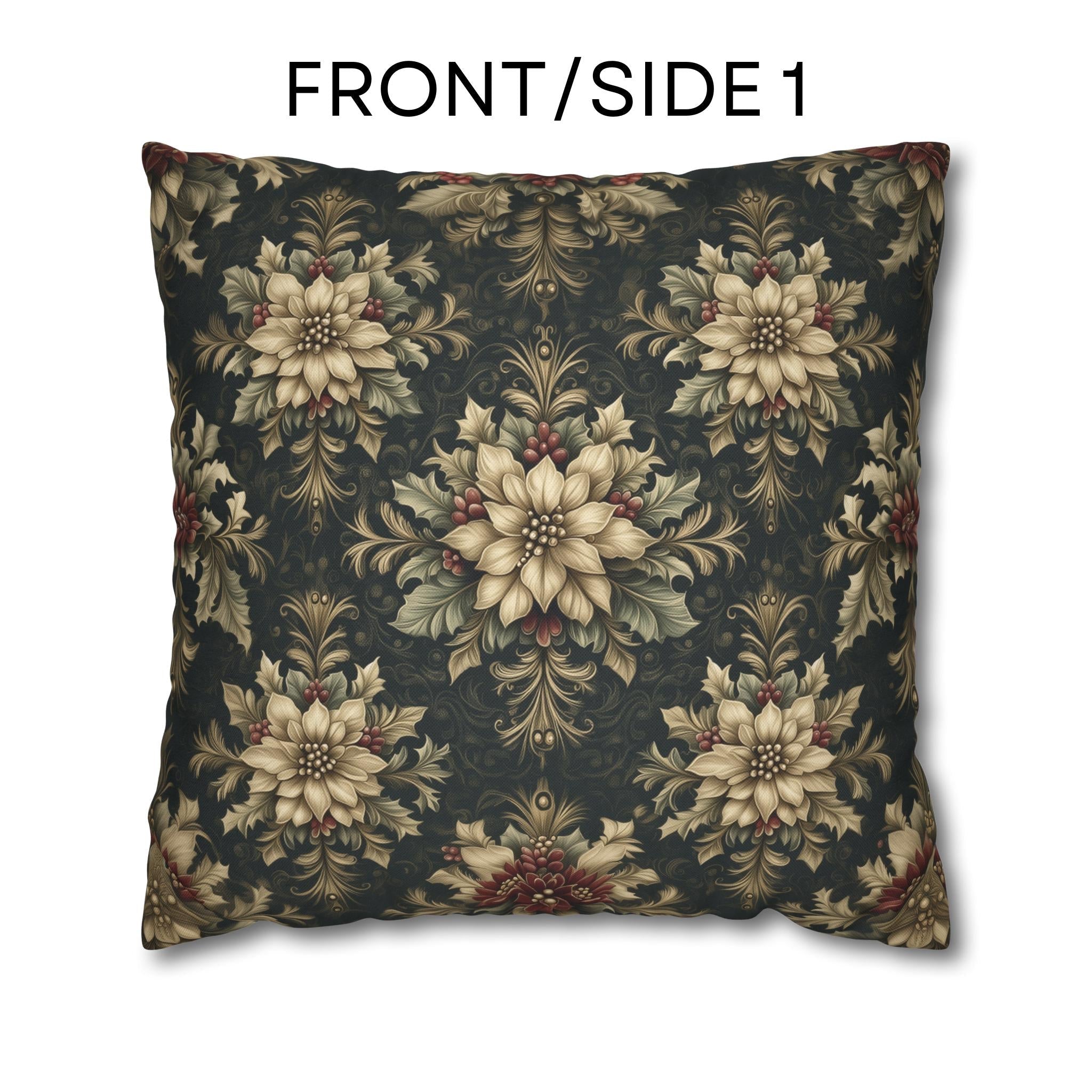 William Morris Christmas Pillow Cover: Ivory Poinsettia and Holly Repeating Pattern on Midnight Green