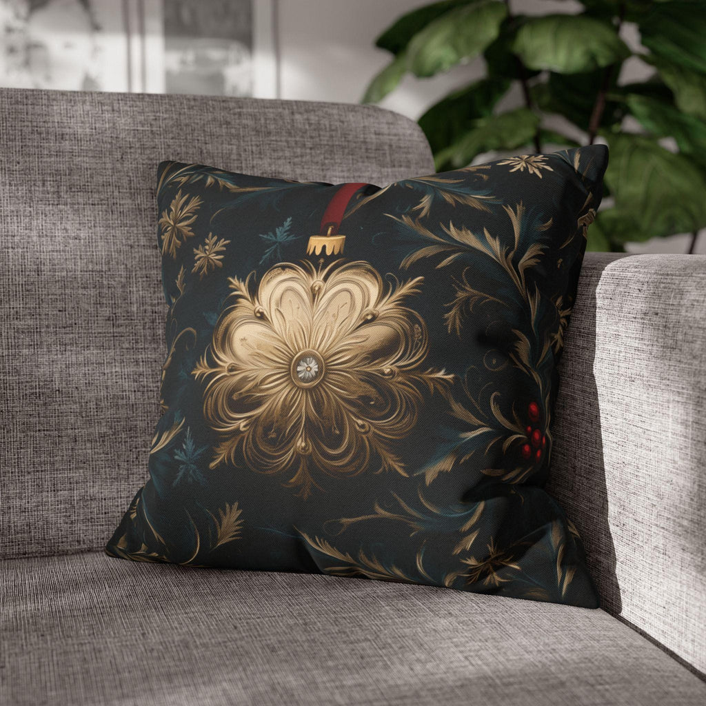Elegant Navy & Gold Christmas Pillow Cover with Red Berries