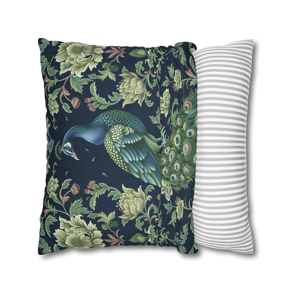 Peacock and Floral Pillow Cover | Elegant Navy Blue Background | Nature-Inspired Home Decor