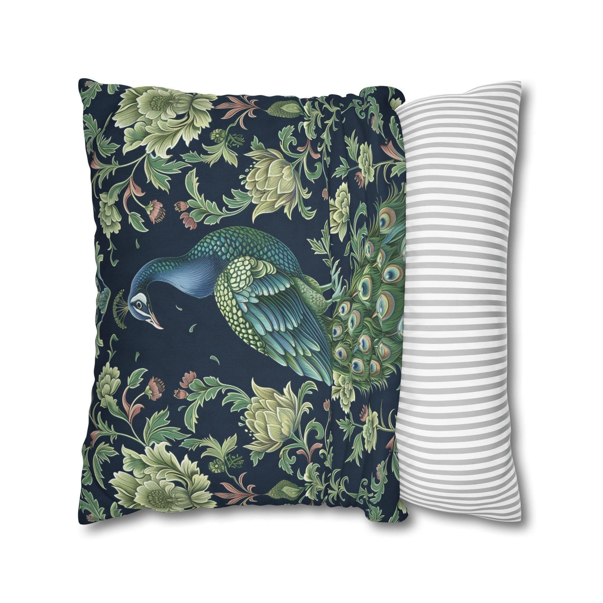Peacock and Floral Pillow Cover | Elegant Navy Blue Background | Nature-Inspired Home Decor