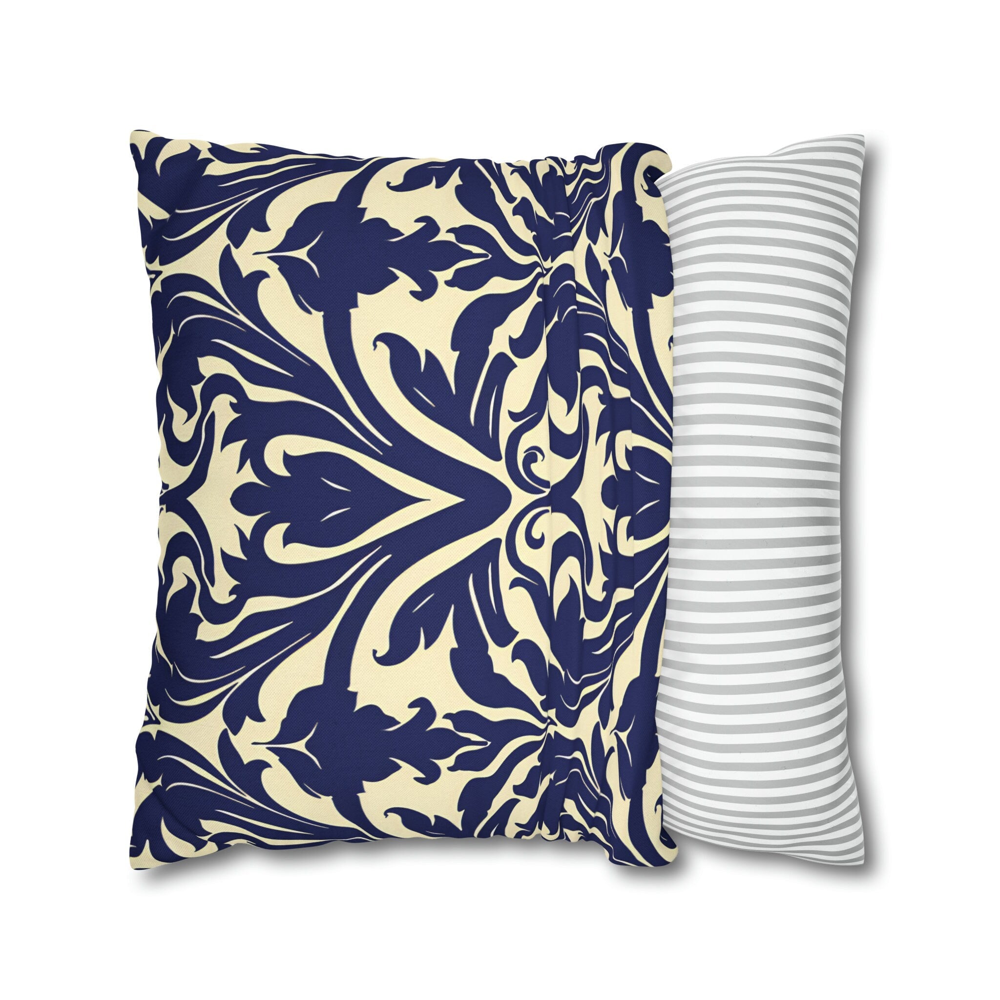 Art Nouveau Floral Pillow Cover, Deep Blue on Off-White