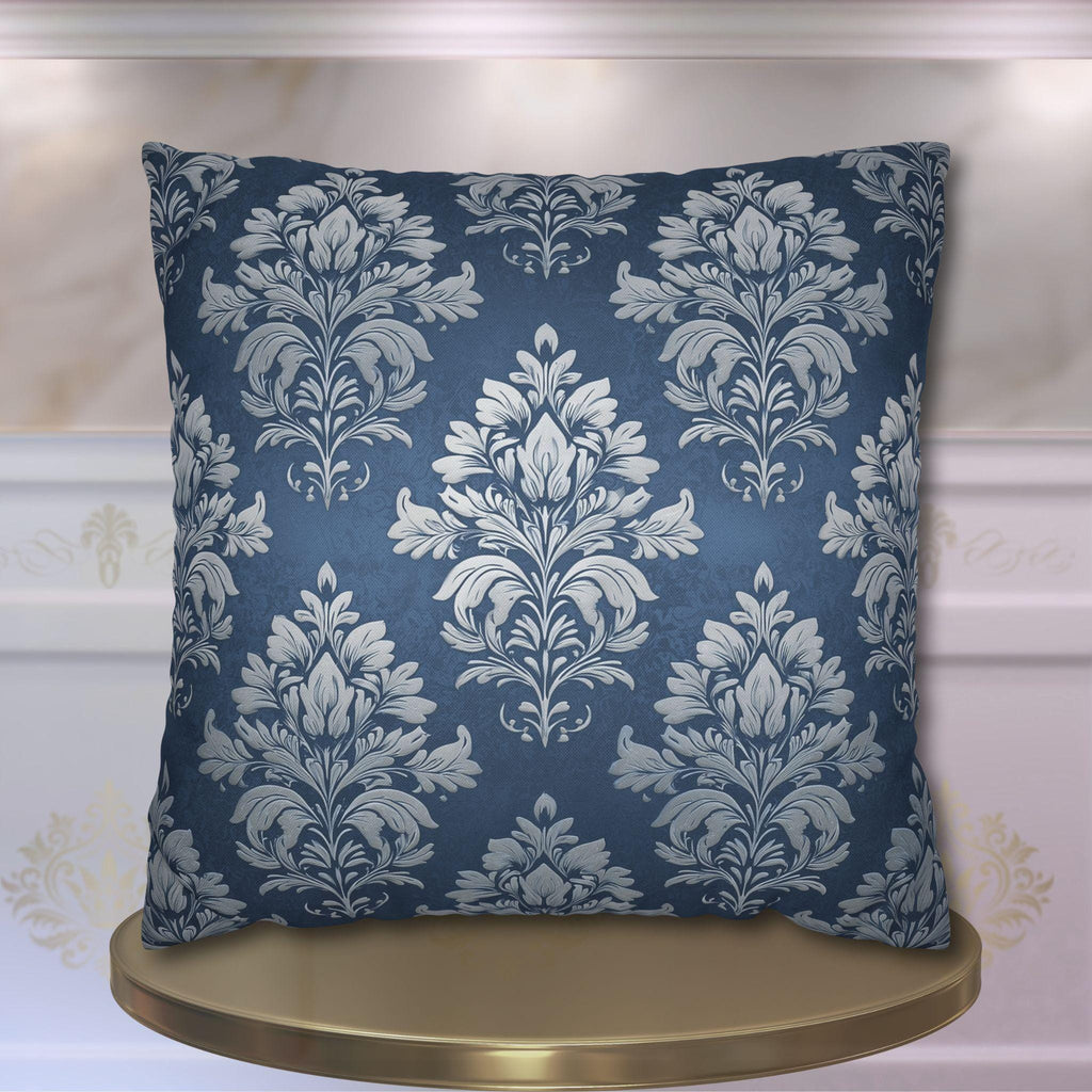 Steel Blue Damask Pillow Cover: Elegant Floral Cushion