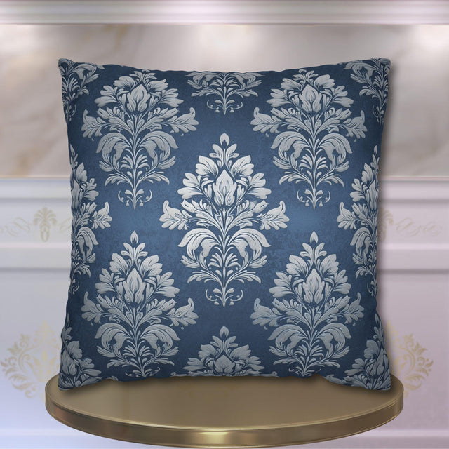 Steel Blue Damask Pillow Cover: Elegant Floral Cushion