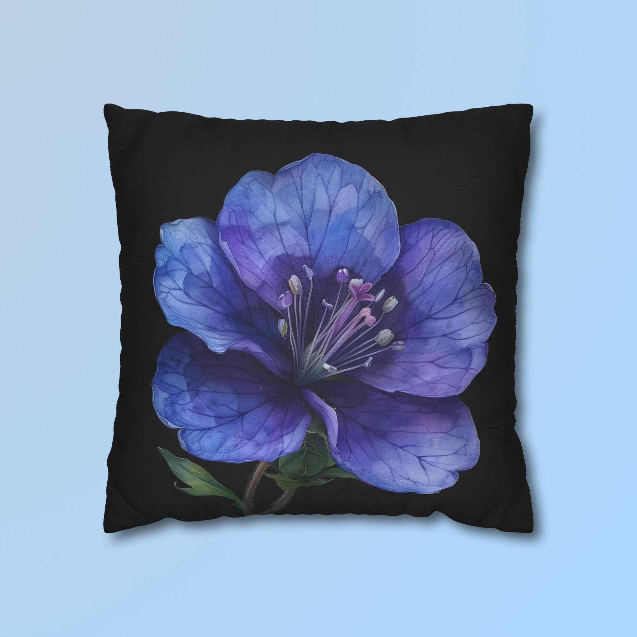 Anemone Pillow Cover: Detailed Floral Illustration, Black Background