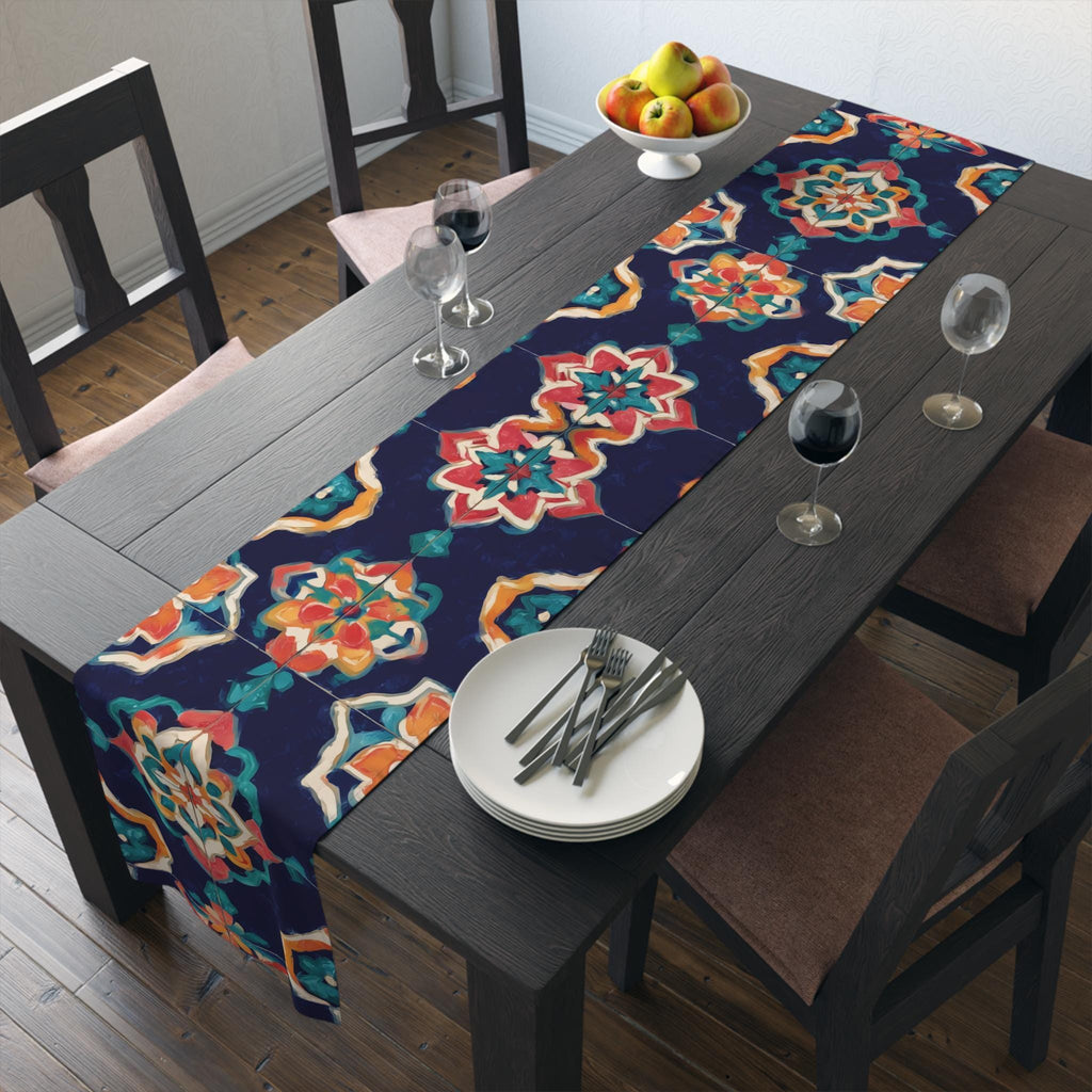 Bohemian Mandala Table Runner: Navy, Coral, Gold & Teal Tile Design for Eclectic Home Decor