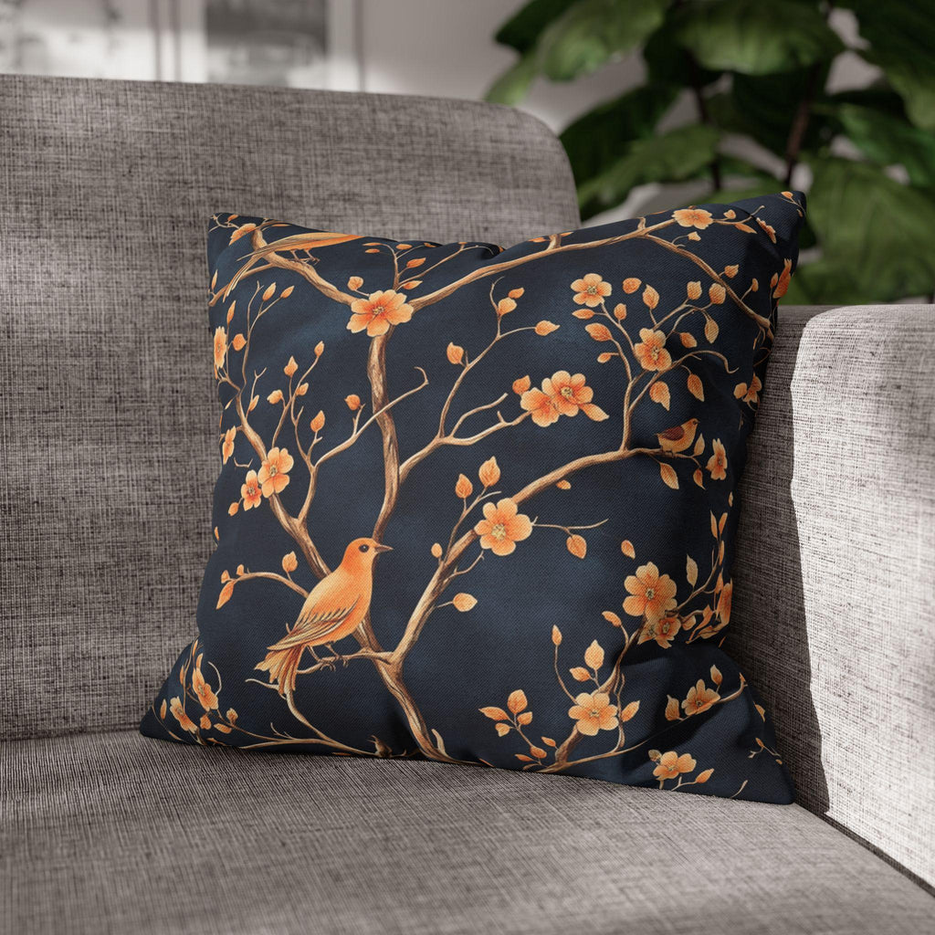 Chinoiserie Bird Throw Pillow Cover: Peach & Chestnut Floral, Navy Blue