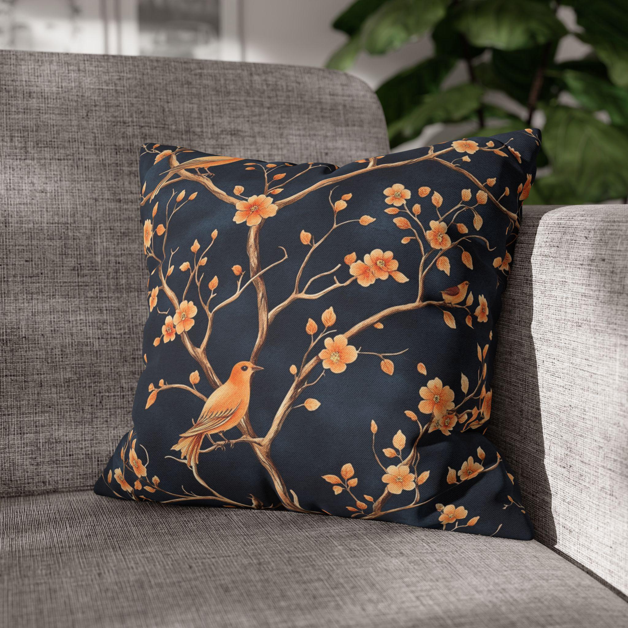 Chinoiserie Bird Throw Pillow Cover: Peach & Chestnut Floral, Navy Blue