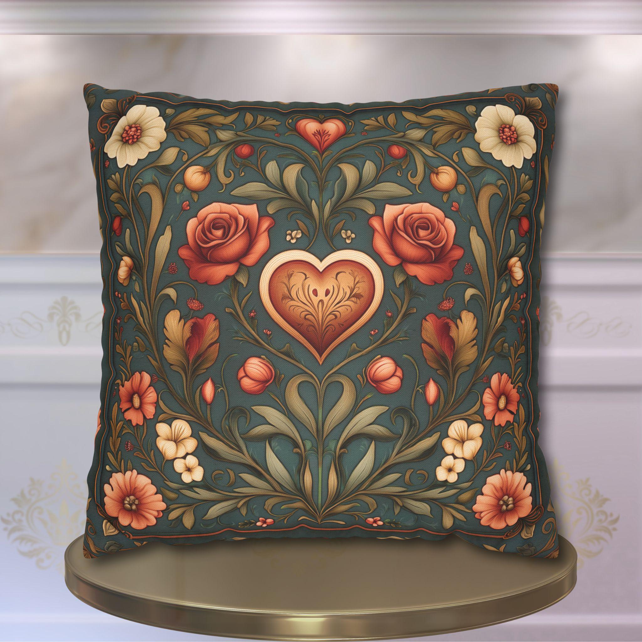William Morris Inspired Valentines Heart Pillow Cover: Arts & Crafts Love Botanical