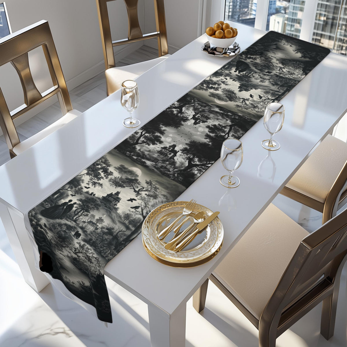 Halloween Toile Table Runner: Haunted House, Crows, and Black Cat in Monochrome