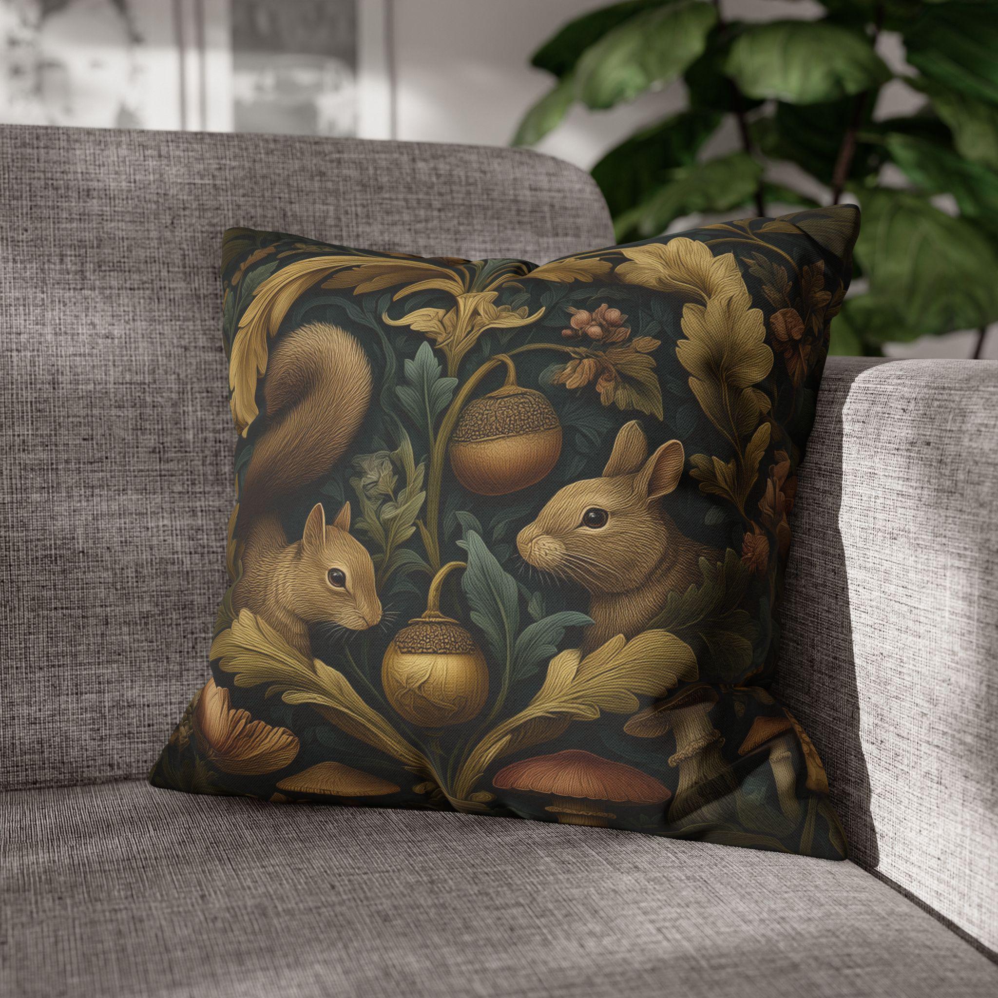 William Morris Woodland Forest Pillow Cover: Squirrel & Rabbit Tapestry-Style Cushion Case