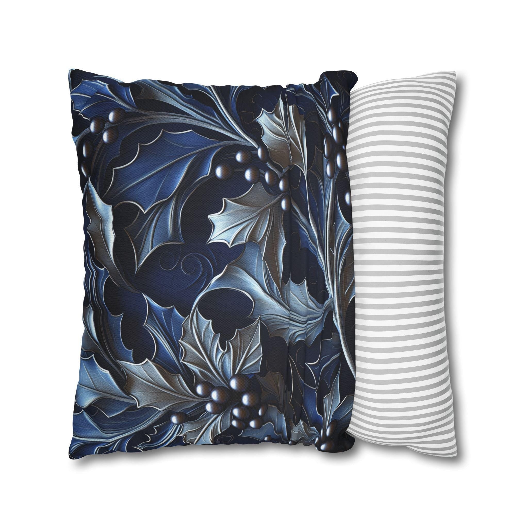Elegant Silver & Blue Holly Leaf Christmas Pillow Cover - Moody Contemporary Holiday Decor