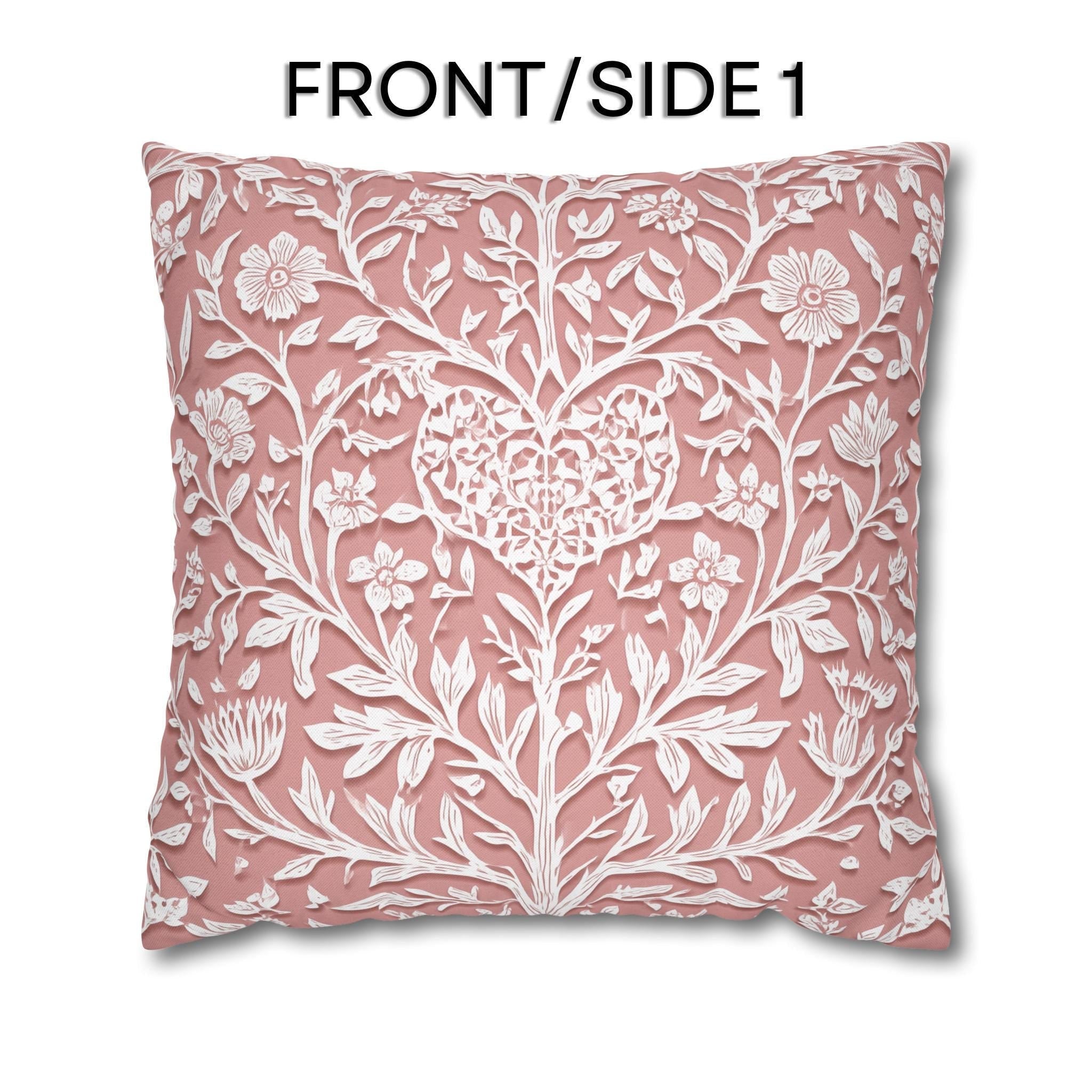 William Morris Inspired Heart & Blooms Pillow Cover: Faux Lace Botanical Design