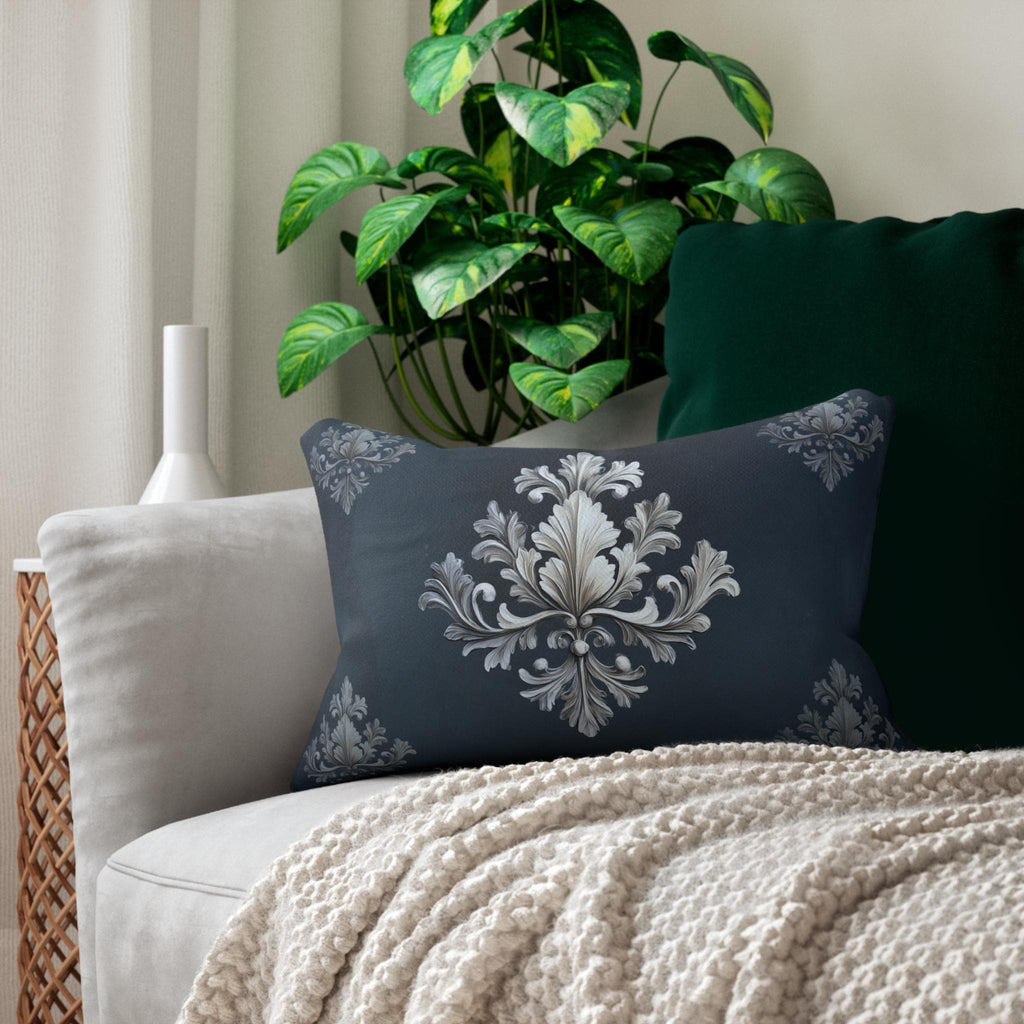 Damask Lumbar Pillow: Navy Blue & Silver Acanthus Leaf Design