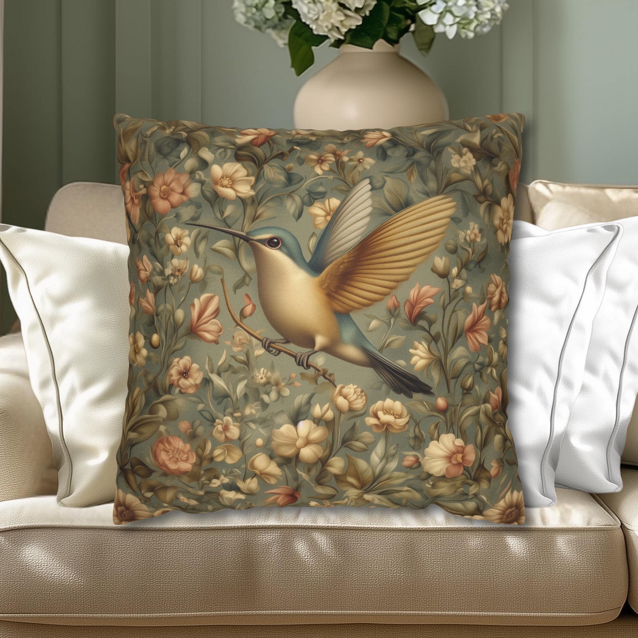 William Morris Decorative Throw Pillow Cover: Vintage Style Botanical Hummingbird