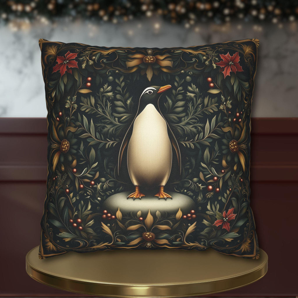 Christmas Penguin Pillow Cover: William Morris Inspired Holiday Cushion Case