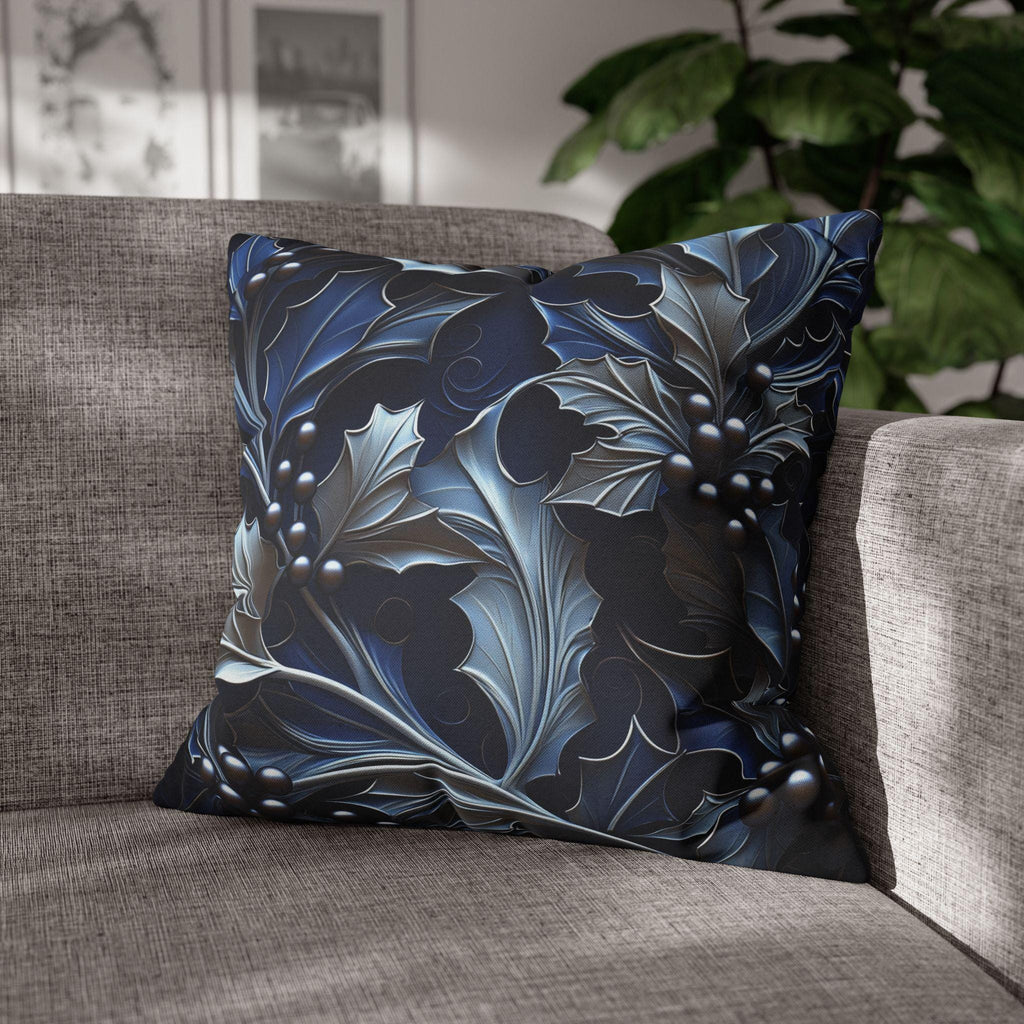 Elegant Silver & Blue Holly Leaf Christmas Pillow Cover - Moody Contemporary Holiday Decor