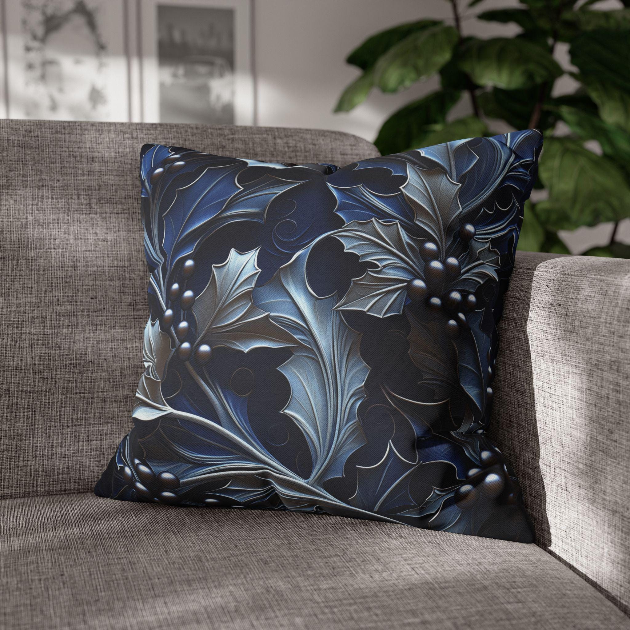Elegant Silver & Blue Holly Leaf Christmas Pillow Cover - Moody Contemporary Holiday Decor
