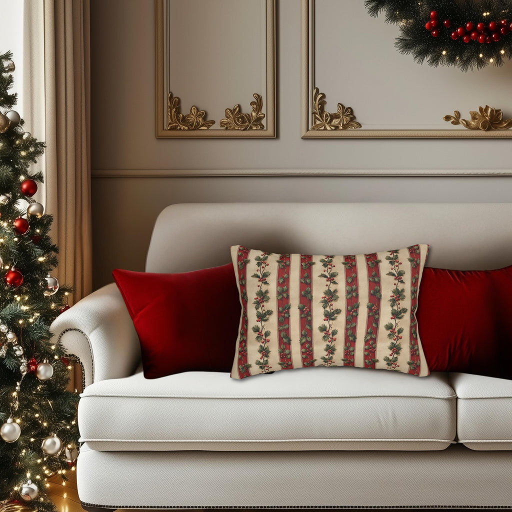 Striped Holly Christmas Lumbar PIllow: Red, Green, Cream Holiday Botanical Winter Decor