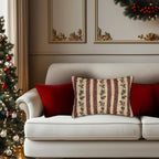 Striped Holly Christmas Lumbar PIllow: Red, Green, Cream Holiday Botanical Winter Decor