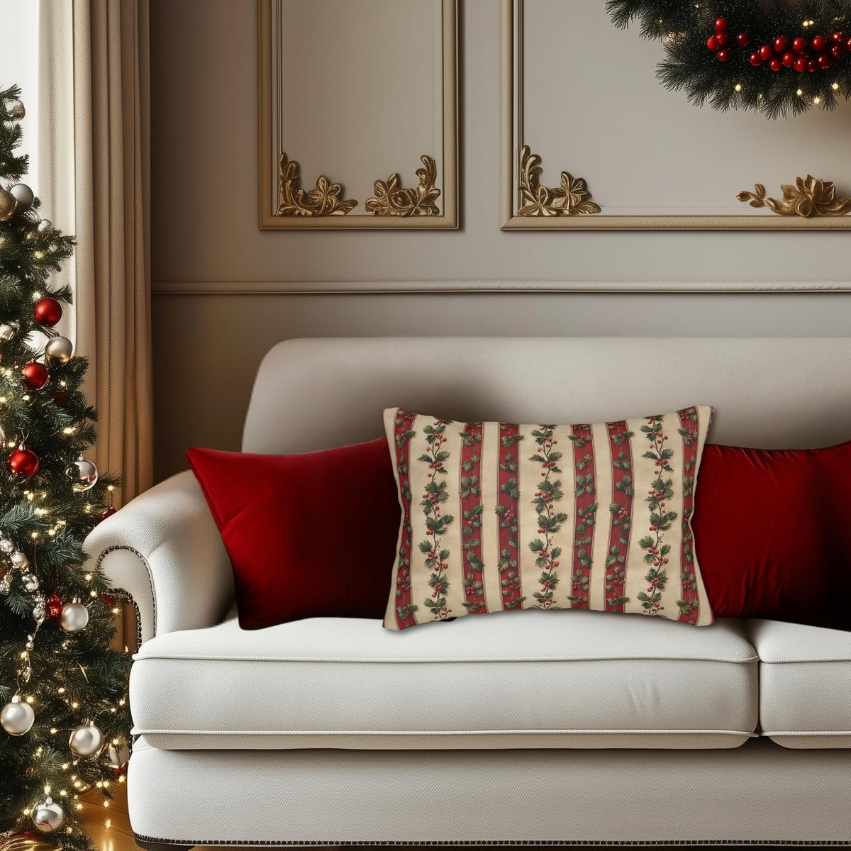 Striped Holly Christmas Lumbar PIllow: Red, Green, Cream Holiday Botanical Winter Decor