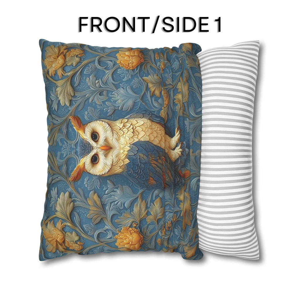 William Morris Style Throw Pillow Cover: Blue and Gold Owl Design
