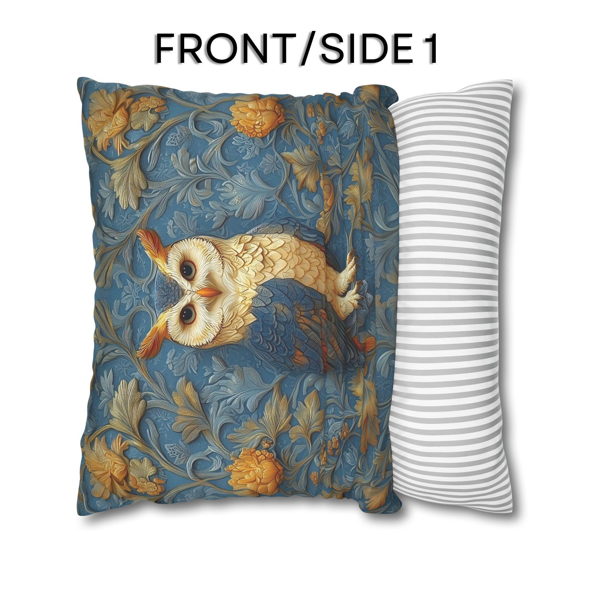 William Morris Style Throw Pillow Cover: Blue and Gold Owl Design