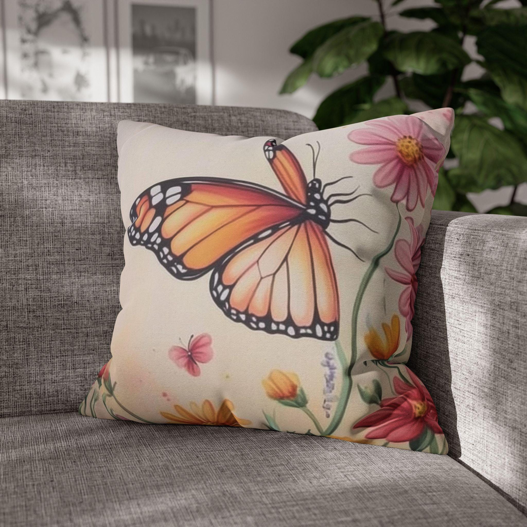 Monarch Butterfly Pillow Cover: Colorful Wildflower Garden on Soft Peach Background
