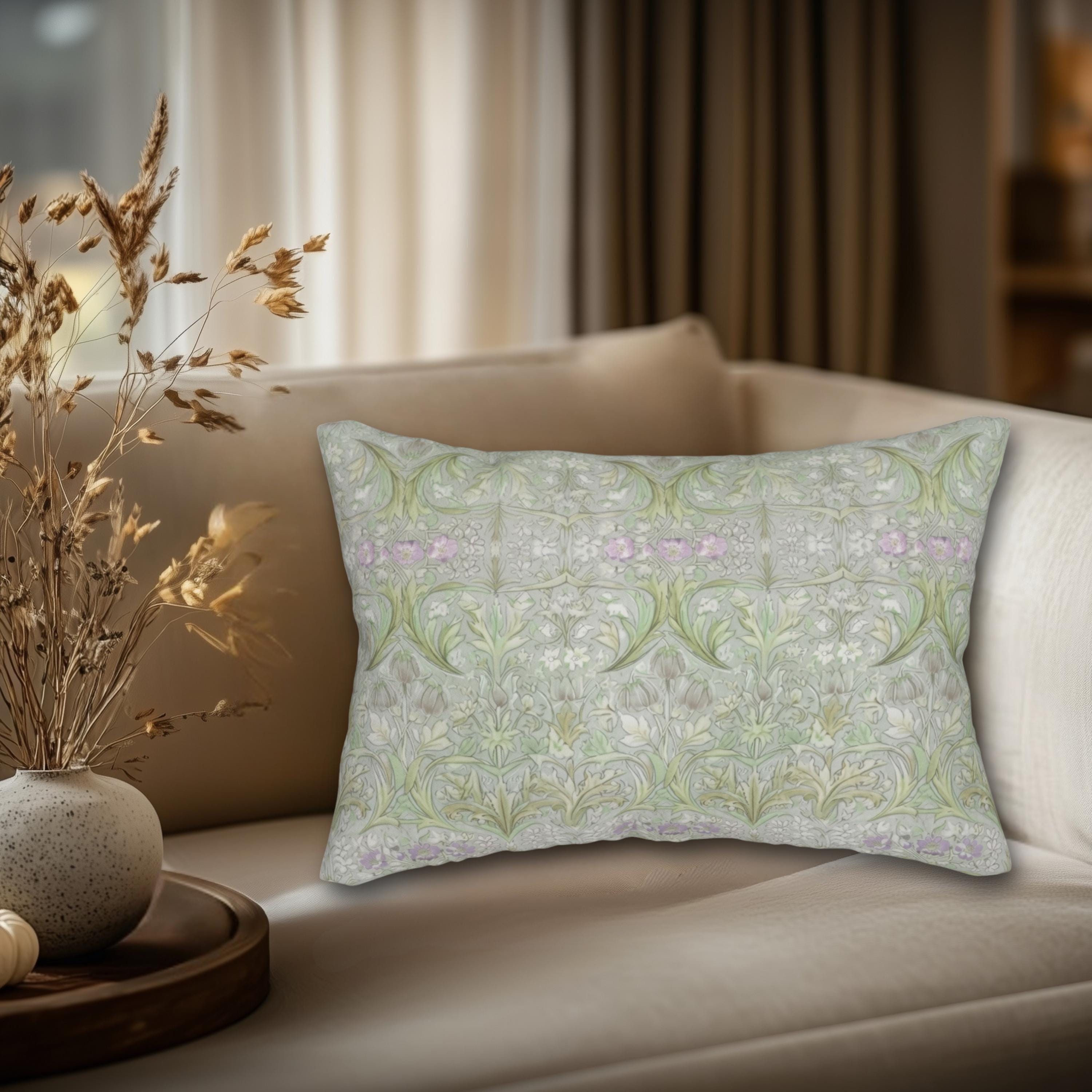 William Morris Inspired Lumbar Pillow: Soft Sage Botanical with Muted Lavender