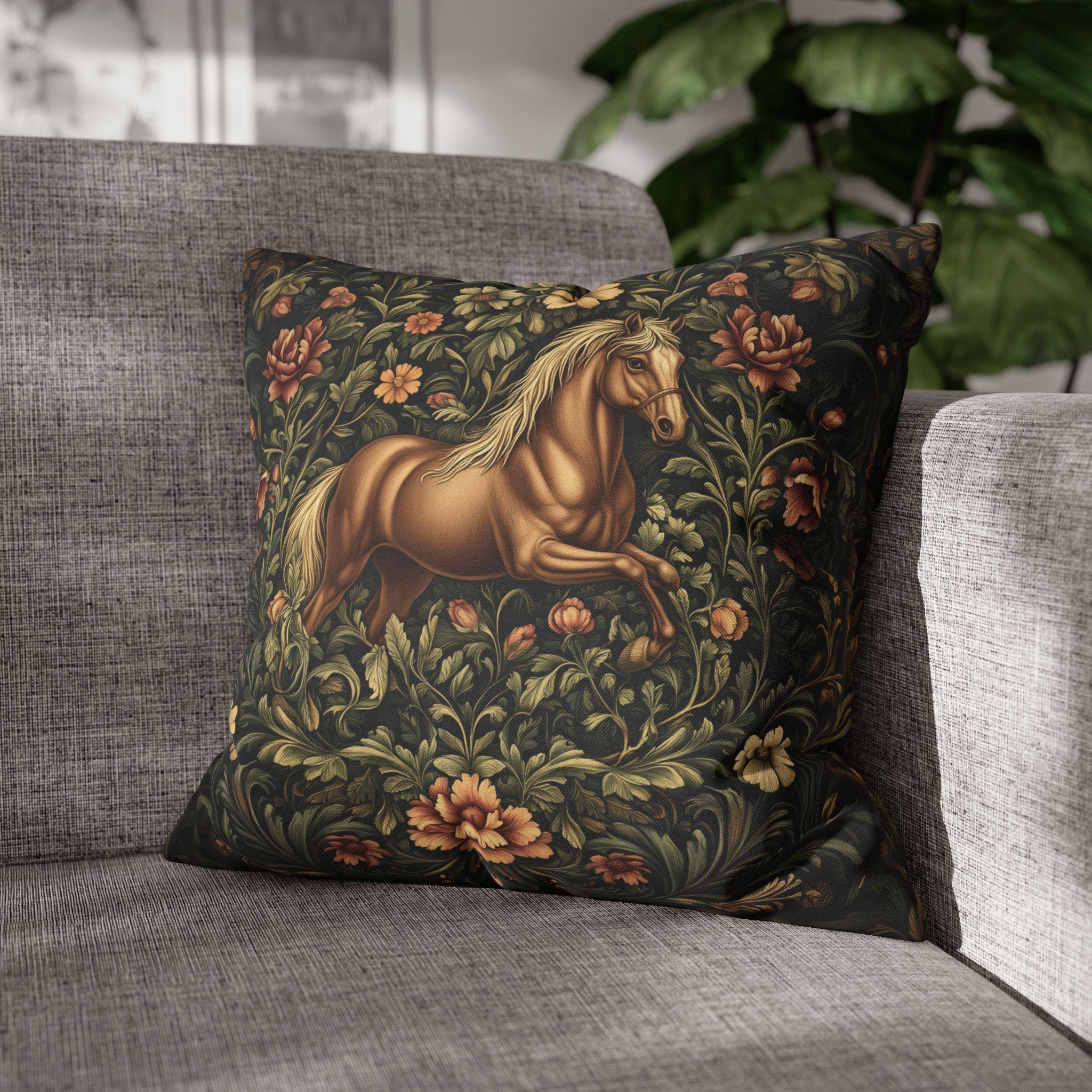 Elegant Equestrian Pillow Cover: William Morris Inspired Botanical Floral Design with Golden Horse Motif