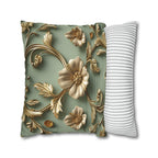Vintage Style Floral Pillow Cover: Taupe Gold 3D Design on Sage Green
