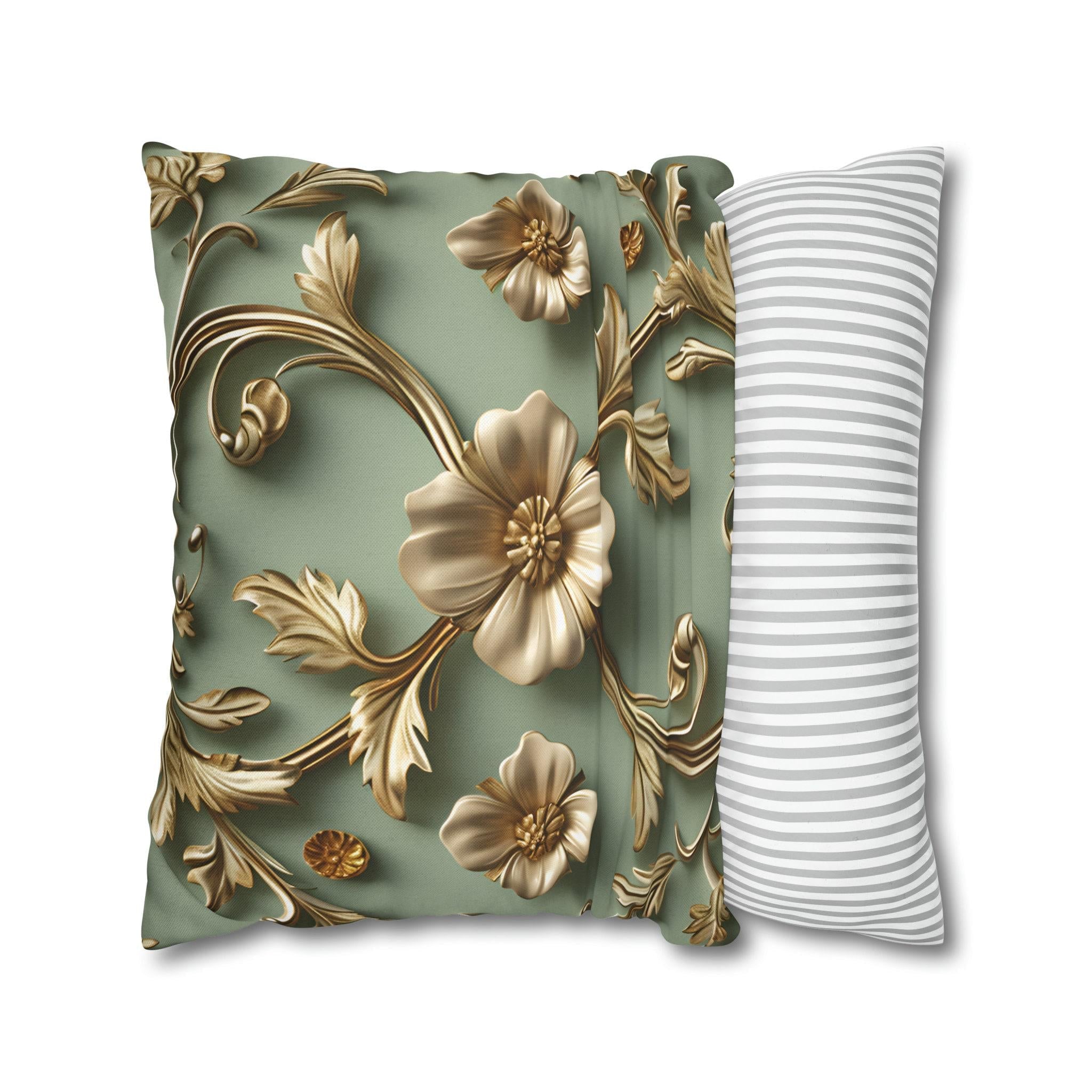 Vintage Style Floral Pillow Cover: Taupe Gold 3D Design on Sage Green